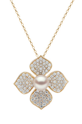 Petal Pendant Necklace, 18k Yellow Gold, Diamond & Pearl
